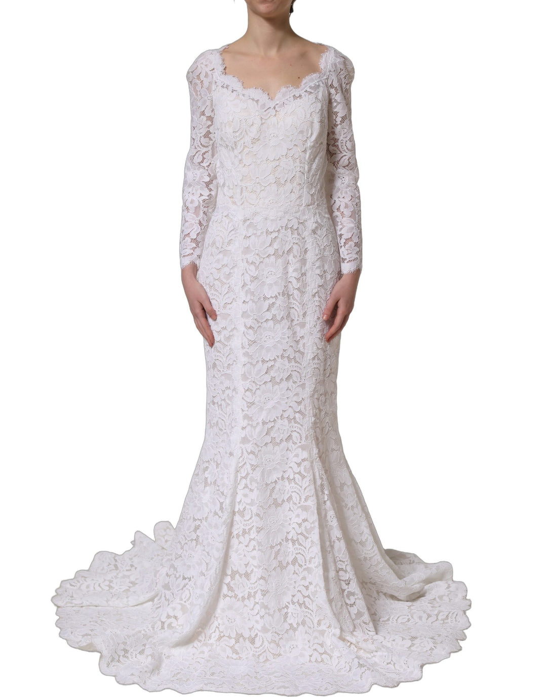 Dolce &amp; Gabbana White Floral Lace Mermaid Long Gown Dress