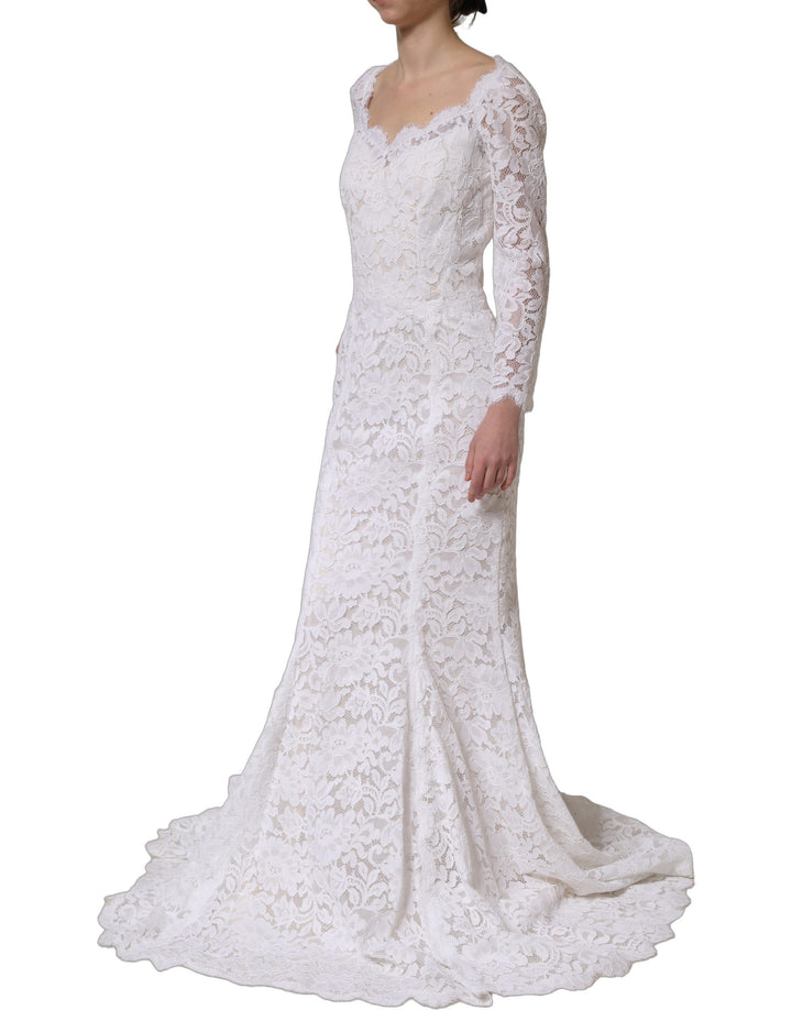 Dolce &amp; Gabbana White Floral Lace Mermaid Long Gown Dress