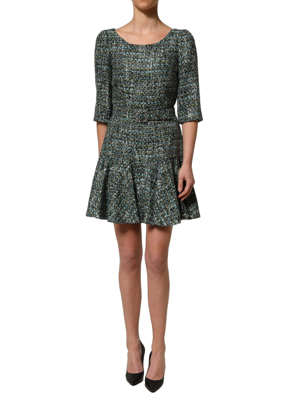 Dolce &amp; Gabbana Multicolor Tweed Belted Babydoll Mini Dress