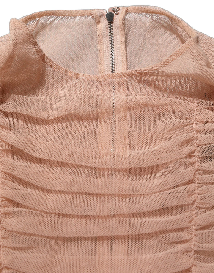 Dolce &amp; Gabbana Beige Cotton Mesh Ruched Sheath Midi Dress