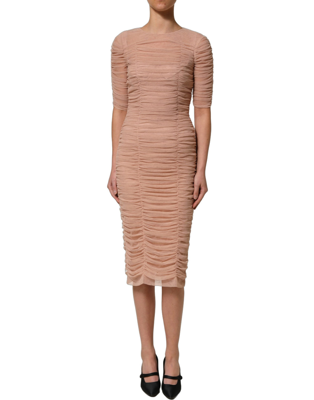 Dolce &amp; Gabbana Beige Cotton Mesh Ruched Sheath Midi Dress