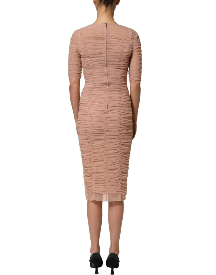 Dolce &amp; Gabbana Beige Cotton Mesh Ruched Sheath Midi Dress