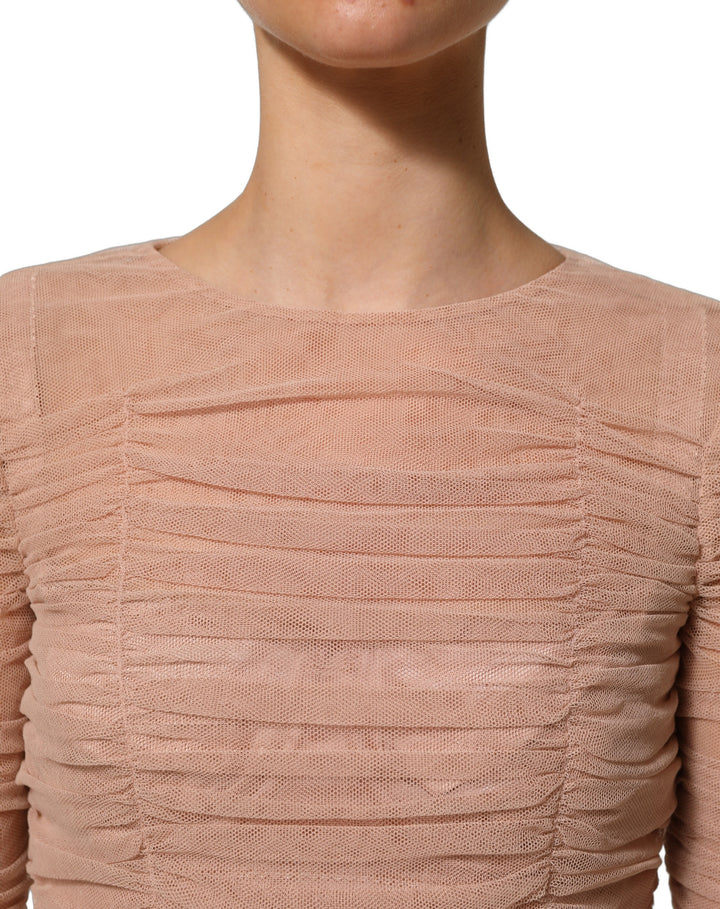 Dolce &amp; Gabbana Beige Cotton Mesh Ruched Sheath Midi Dress