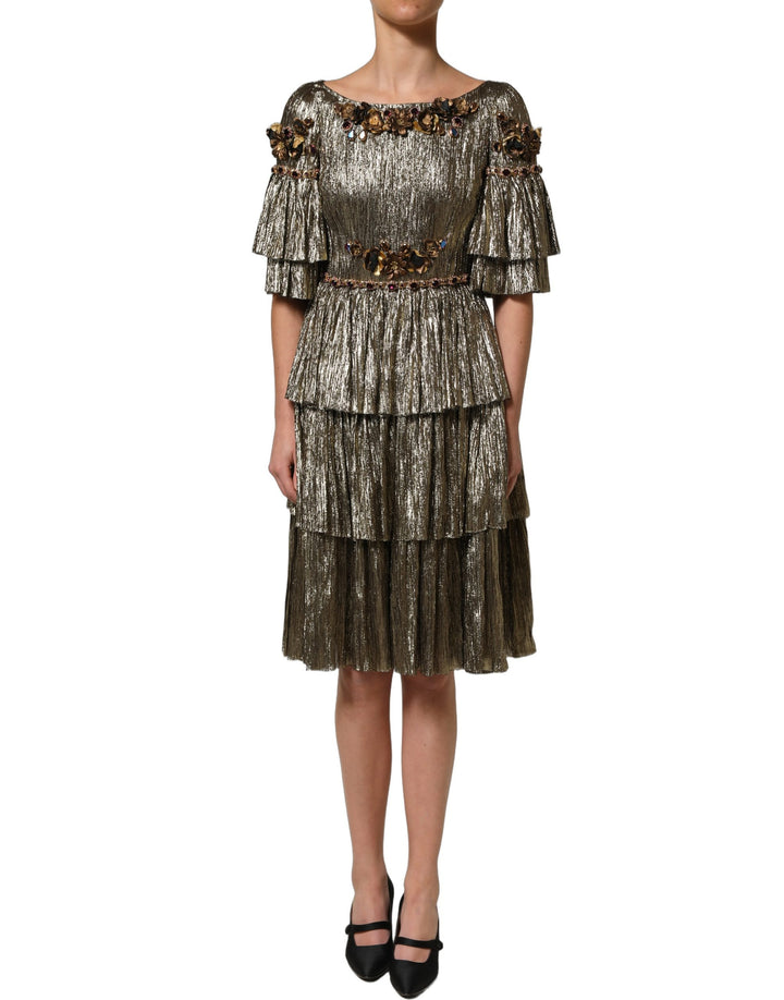Dolce &amp; Gabbana Metallic Gold Embellished Tiered Midi Dress