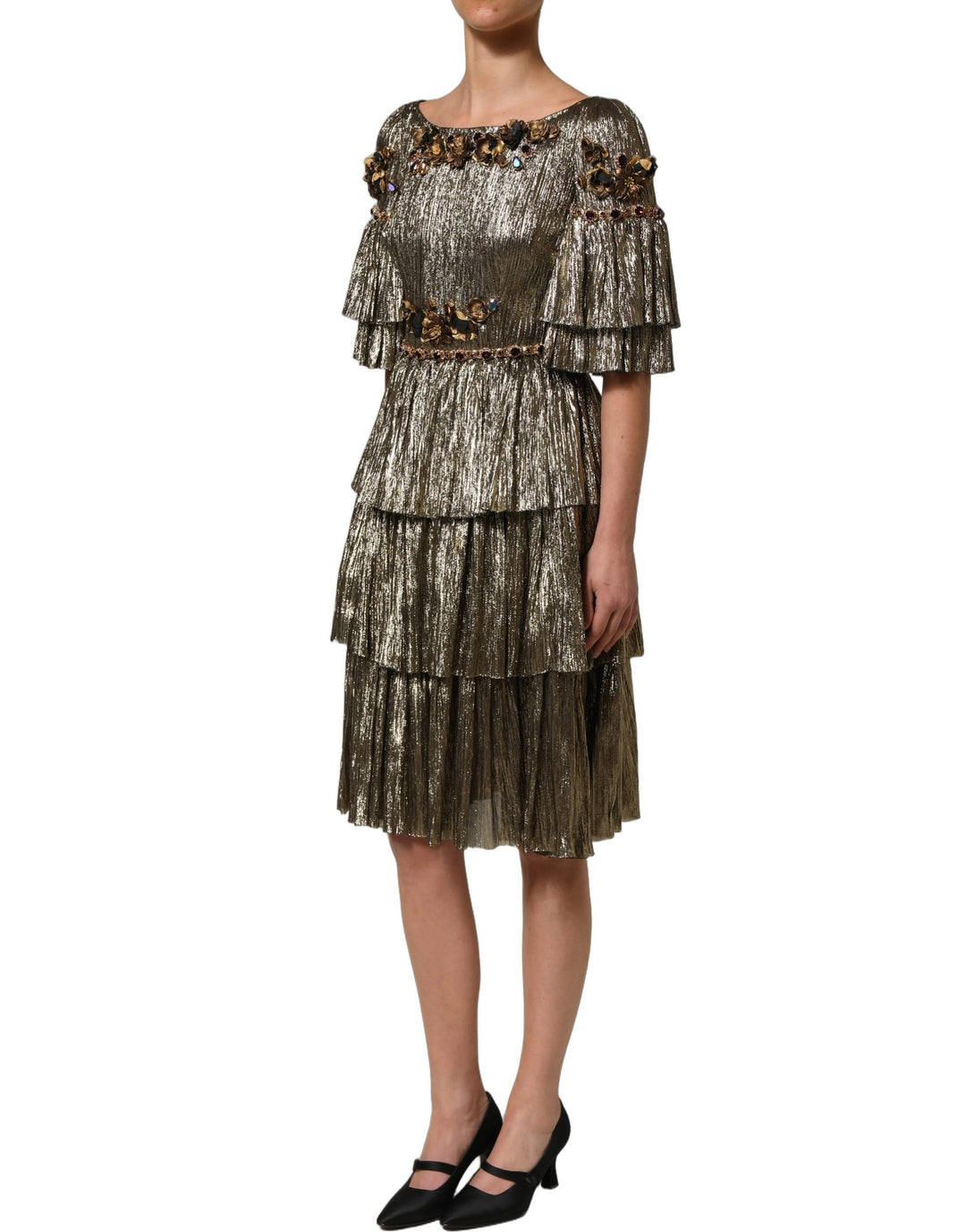 Dolce &amp; Gabbana Metallic Gold Embellished Tiered Midi Dress