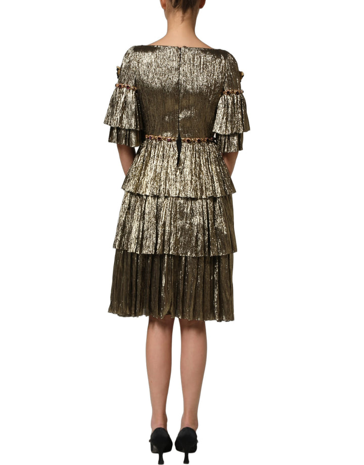 Dolce &amp; Gabbana Metallic Gold Embellished Tiered Midi Dress