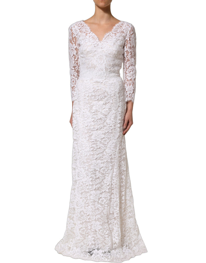 Dolce &amp; Gabbana White Cotton Floral Lace Long Gown Dress