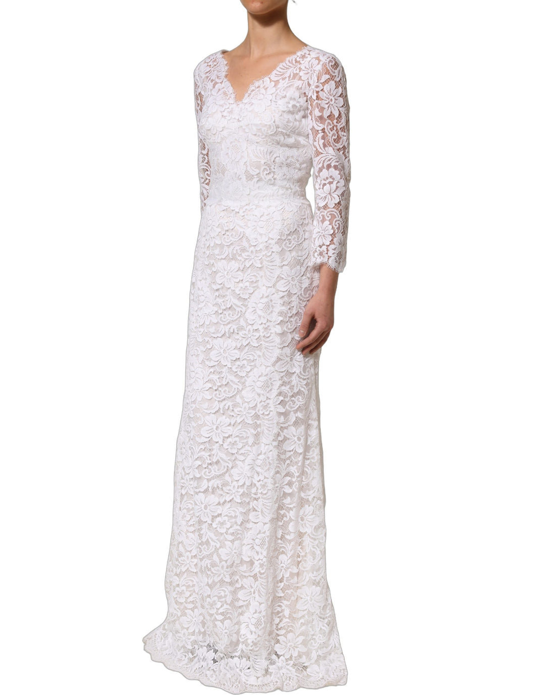Dolce &amp; Gabbana White Cotton Floral Lace Long Gown Dress