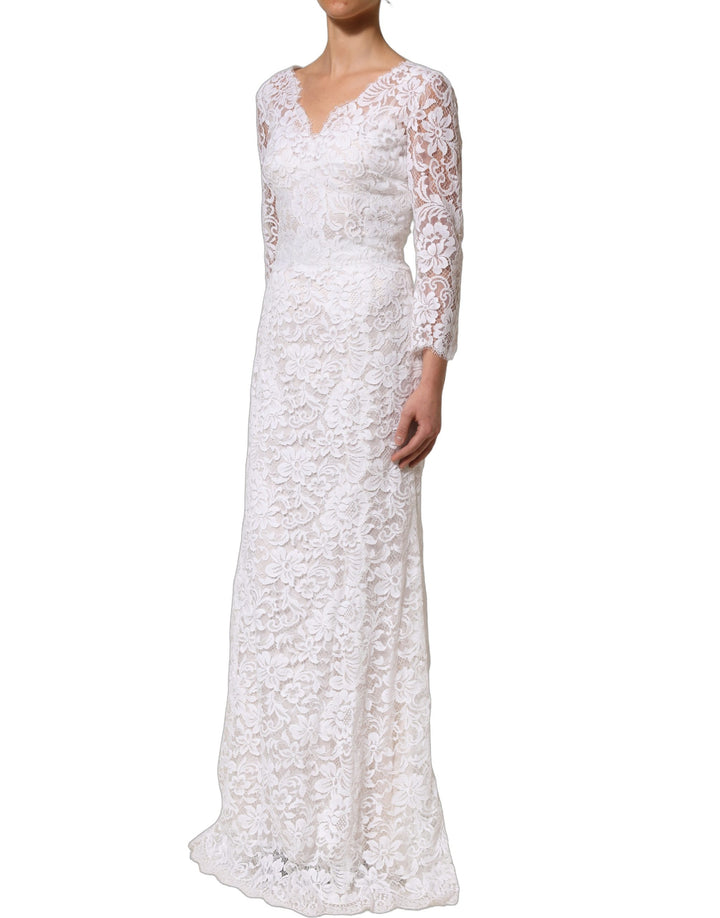 Dolce &amp; Gabbana White Cotton Floral Lace Long Gown Dress