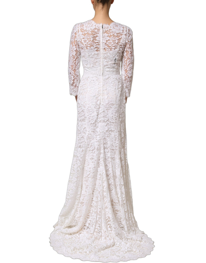 Dolce &amp; Gabbana White Cotton Floral Lace Long Gown Dress