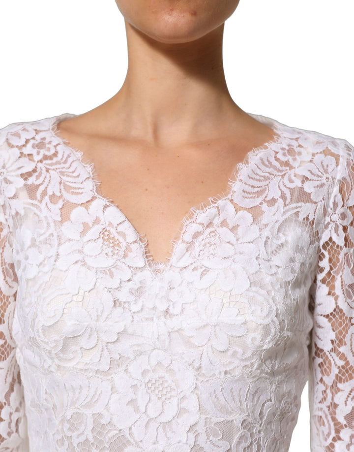Dolce &amp; Gabbana White Cotton Floral Lace Long Gown Dress