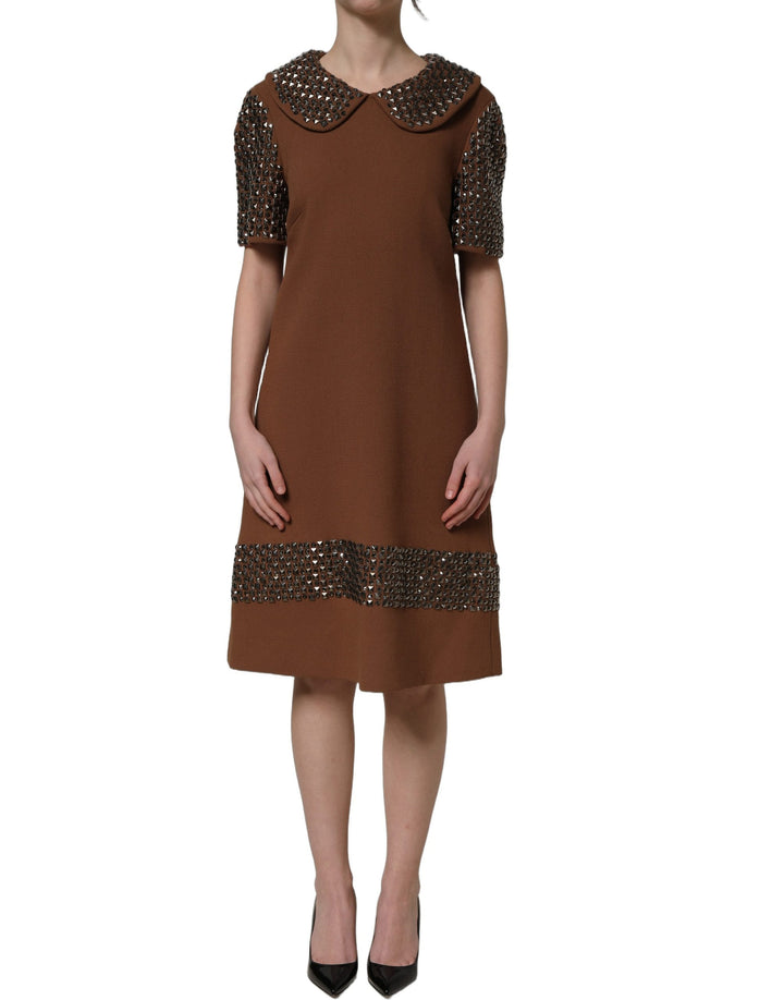 Dolce &amp; Gabbana Brown Wool Rhinestone Embellished Midi Dress
