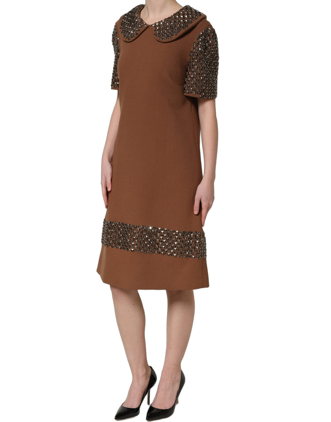 Dolce &amp; Gabbana Brown Wool Rhinestone Embellished Midi Dress