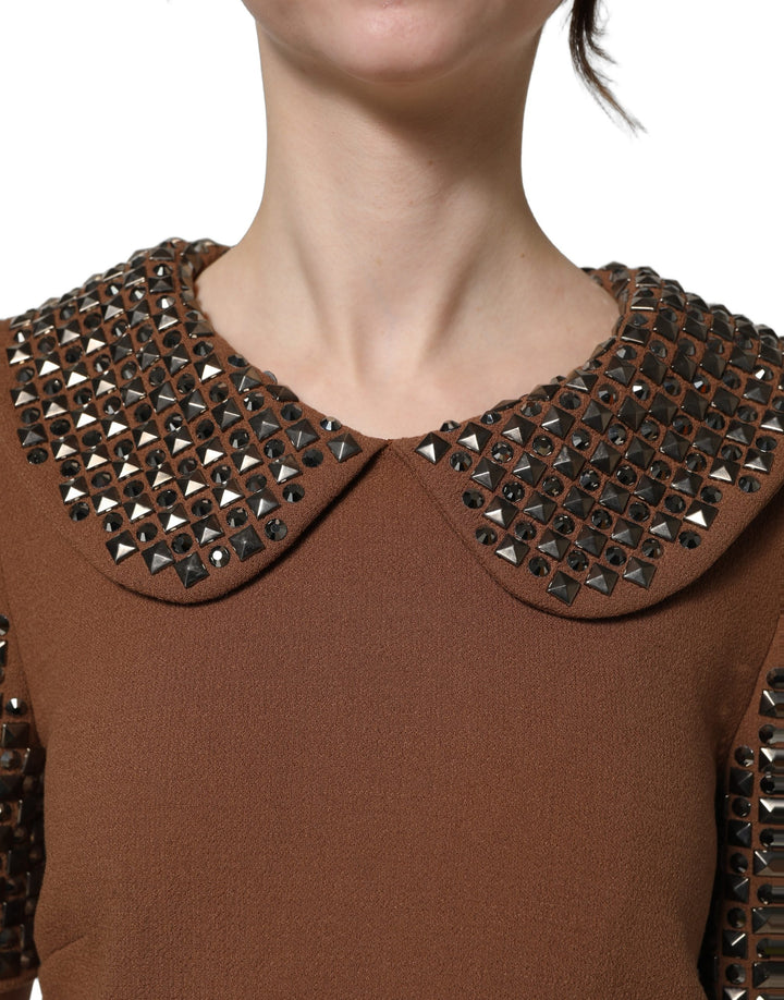 Dolce &amp; Gabbana Brown Wool Rhinestone Embellished Midi Dress