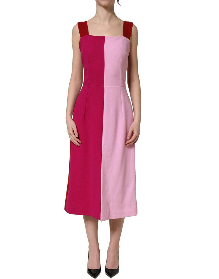 Dolce &amp; Gabbana Two Tone Pink Wool Sleeveless Midi Dress