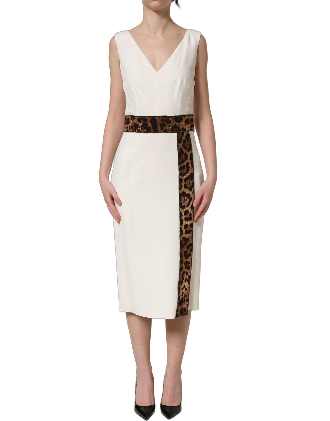 Dolce &amp; Gabbana White Leopard Sleeveless Sheath Midi Dress
