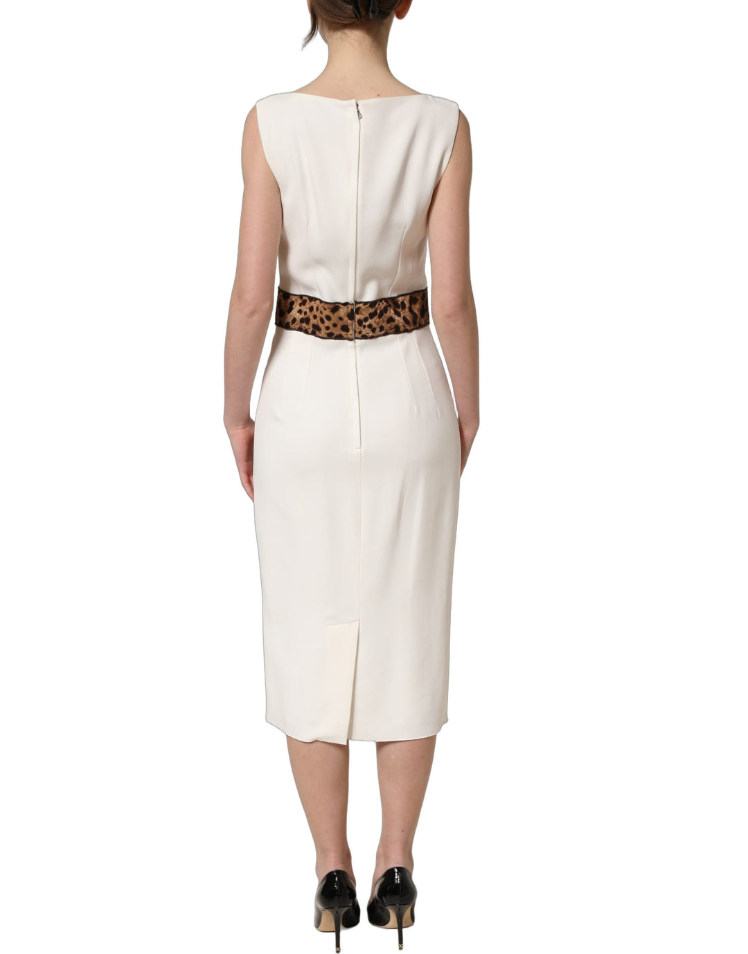 Dolce &amp; Gabbana White Leopard Sleeveless Sheath Midi Dress