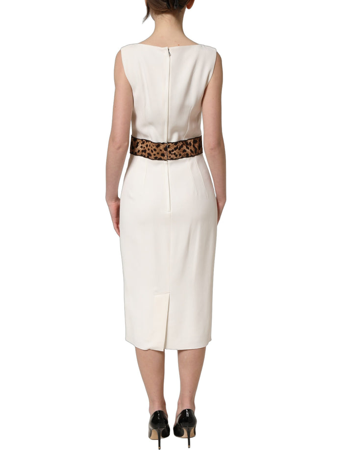 Dolce &amp; Gabbana White Leopard Sleeveless Sheath Midi Dress