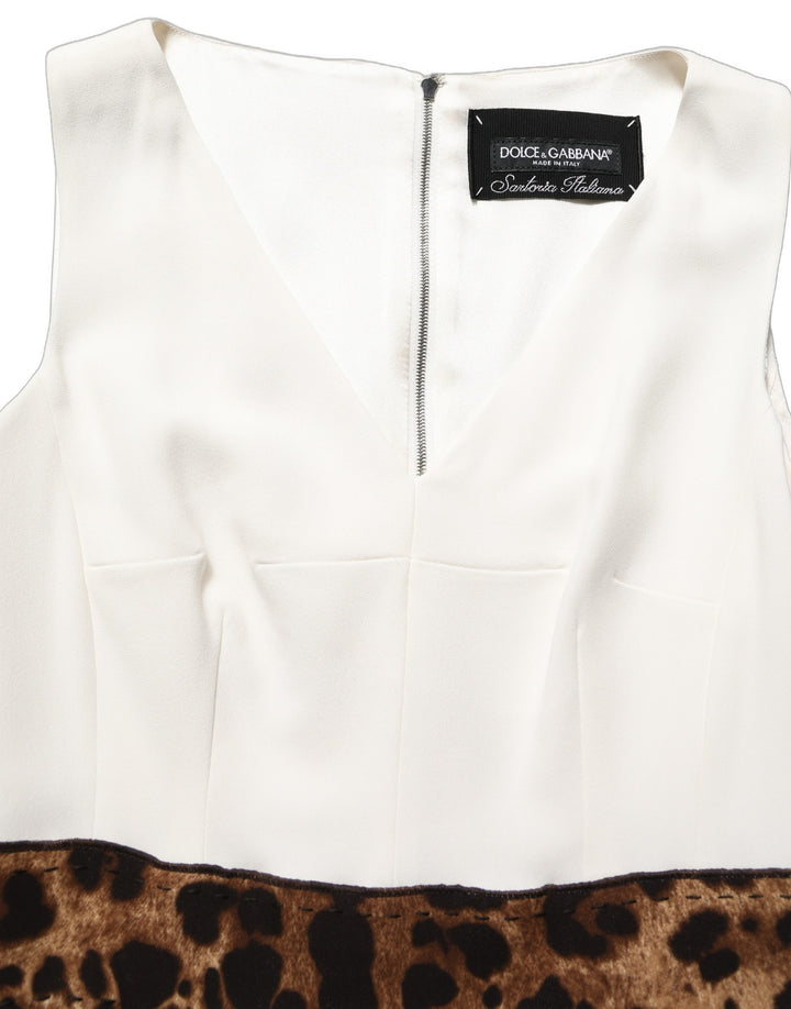 Dolce &amp; Gabbana White Leopard Sleeveless Sheath Midi Dress