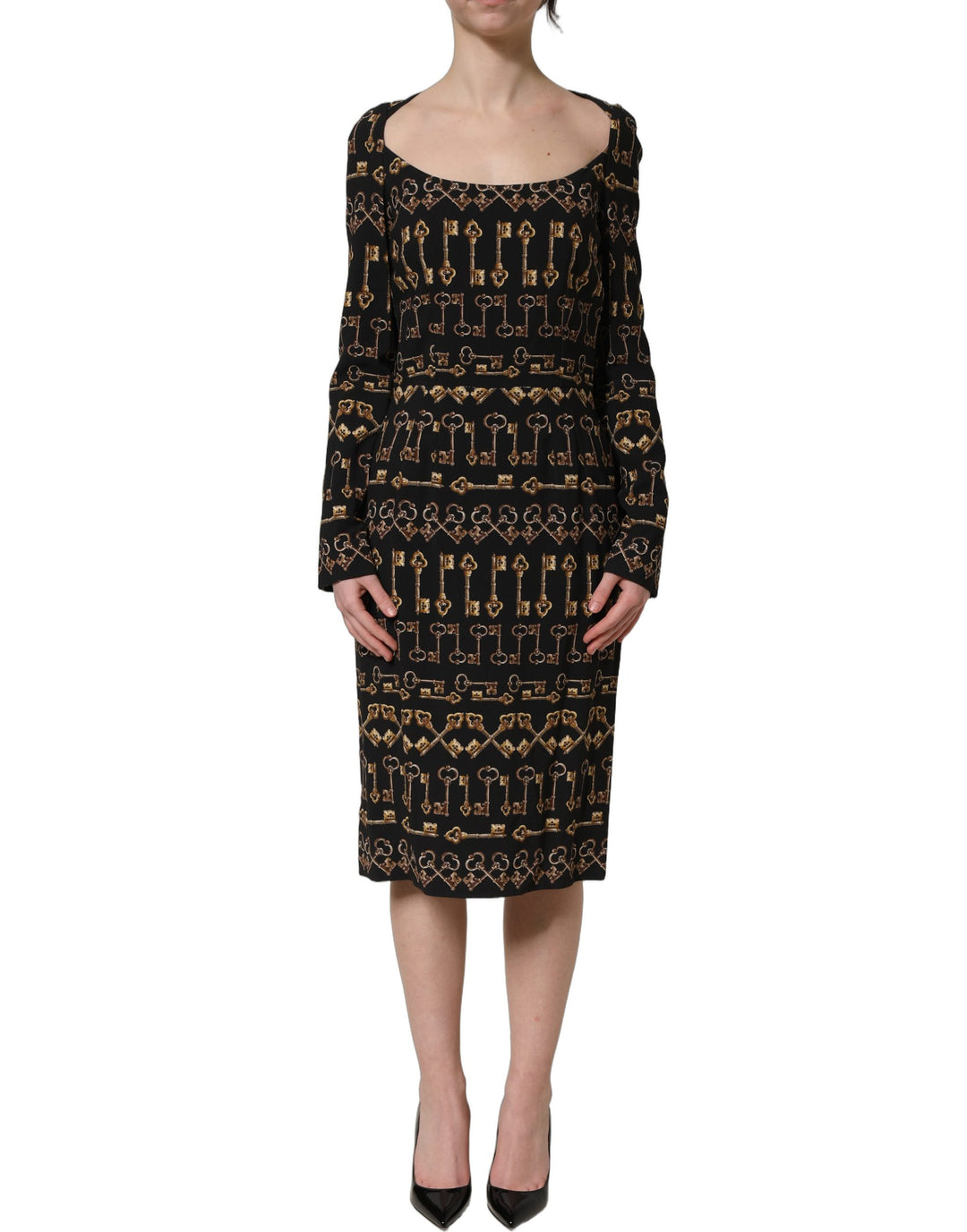 Dolce &amp; Gabbana Black Key Print Long Sleeves Sheath Midi Dress