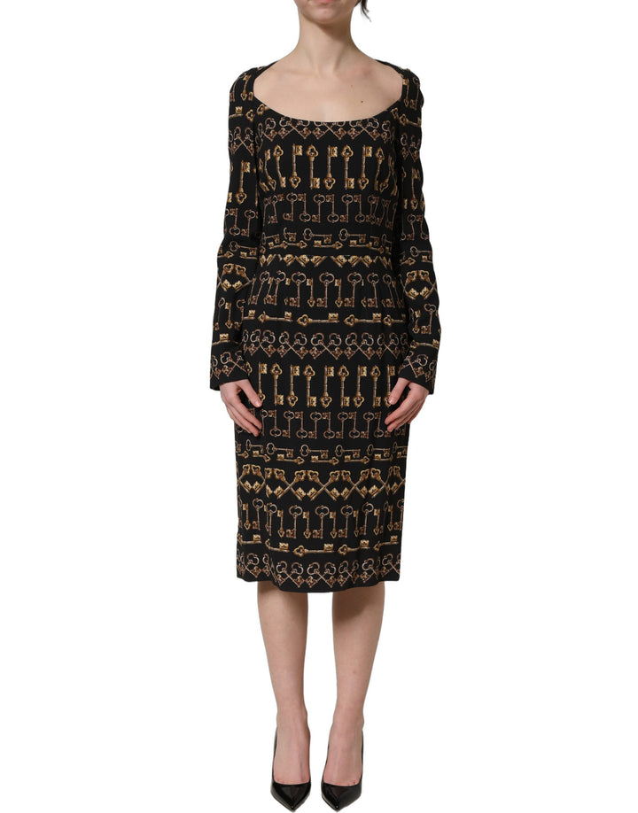 Dolce &amp; Gabbana Black Key Print Long Sleeves Sheath Midi Dress