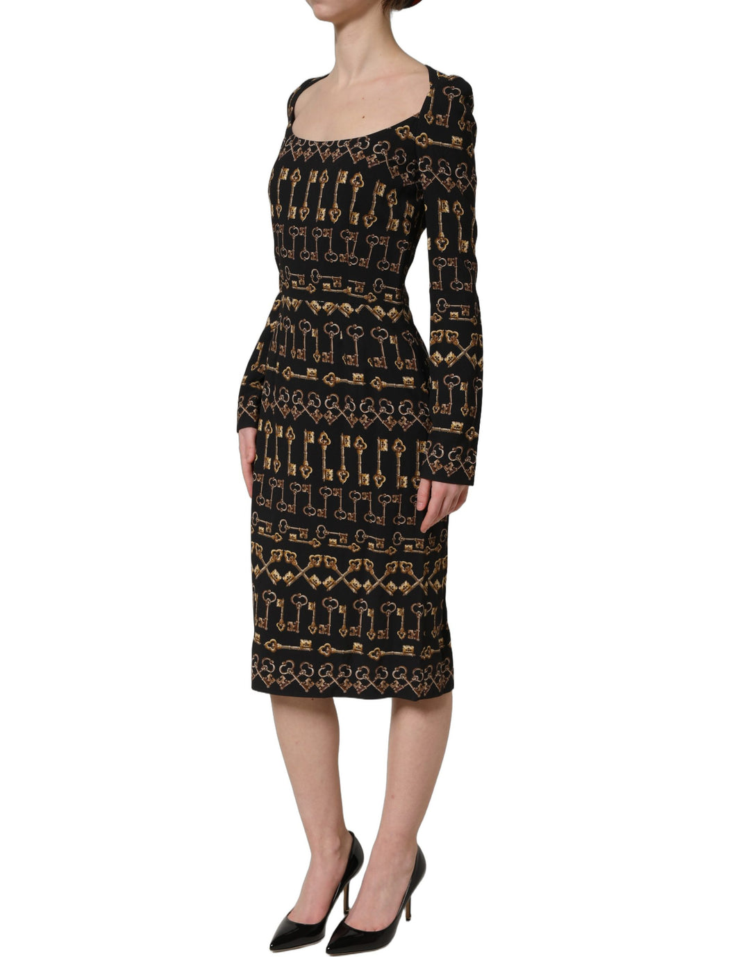 Dolce &amp; Gabbana Black Key Print Long Sleeves Sheath Midi Dress