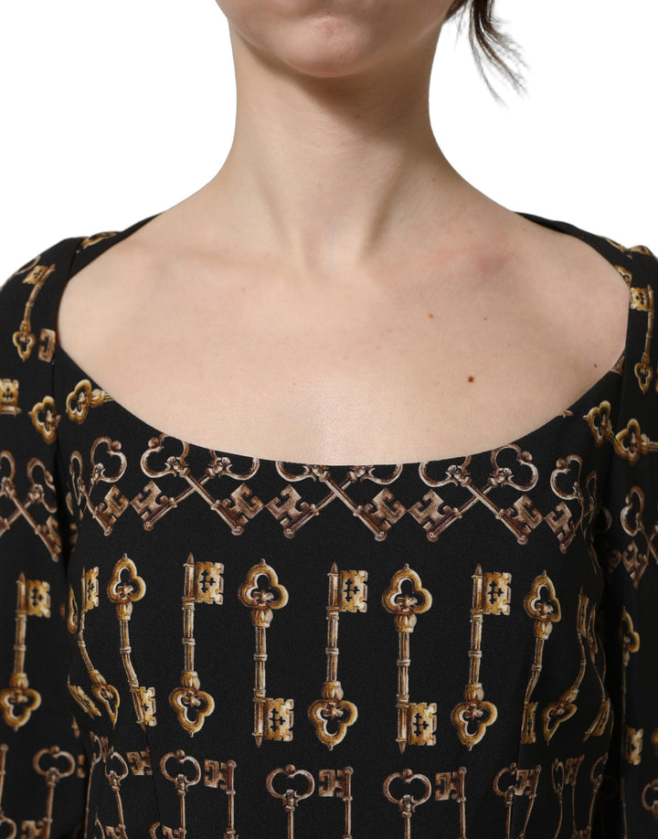 Dolce &amp; Gabbana Black Key Print Long Sleeves Sheath Midi Dress