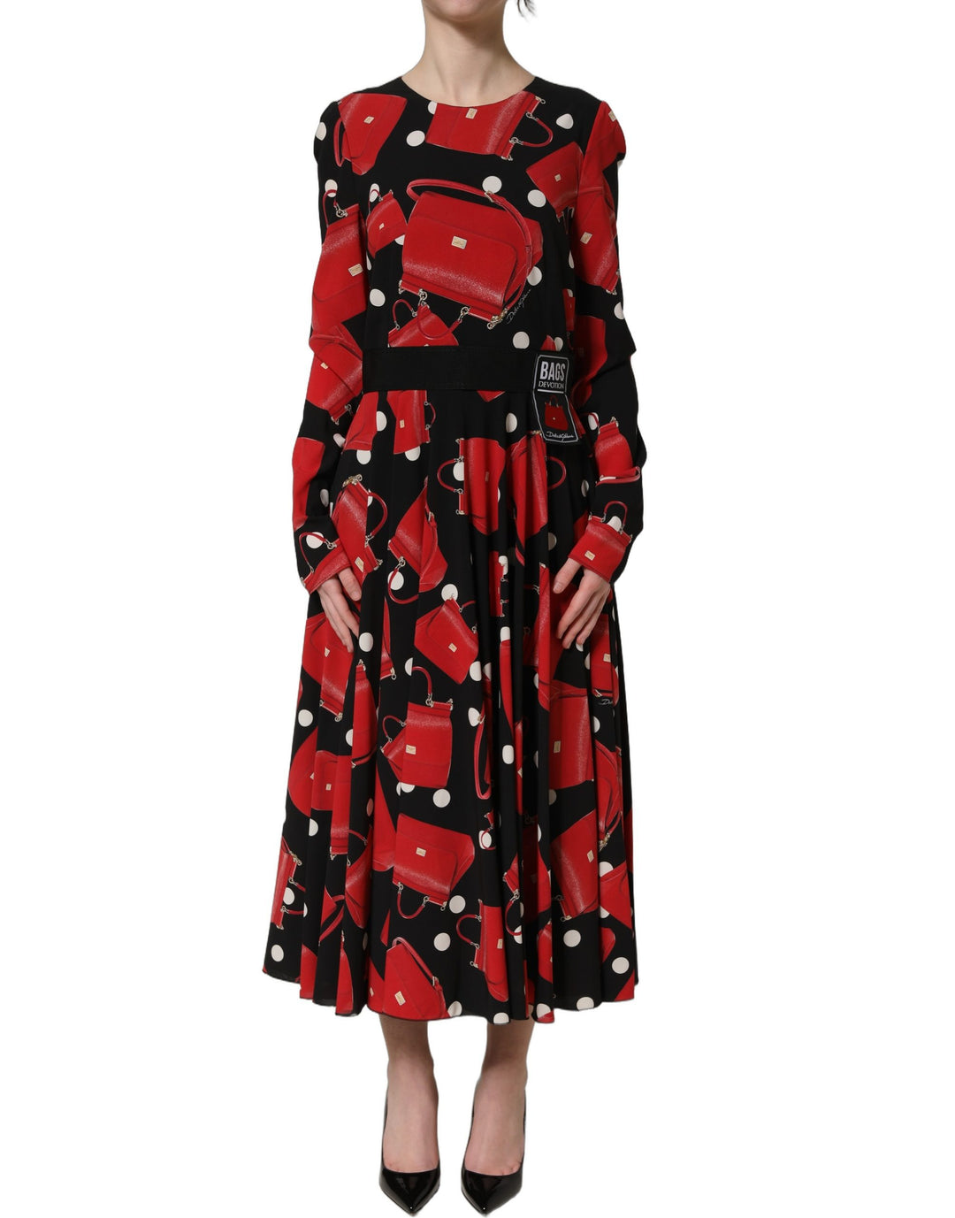 Dolce &amp; Gabbana Black Handbag Print Long Sleeve Midi Dress