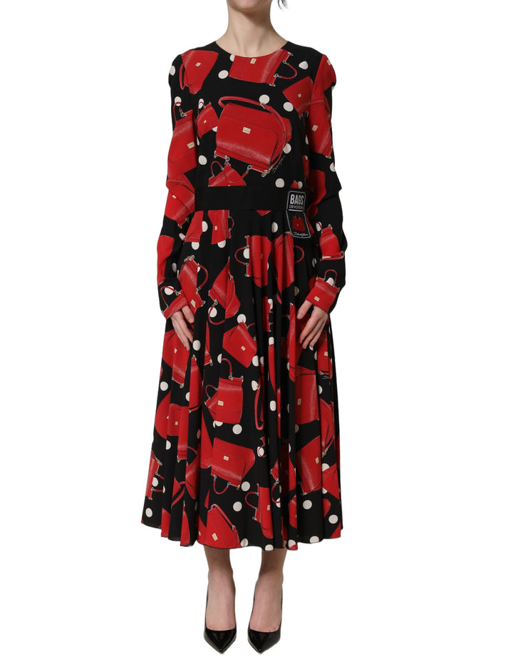 Dolce &amp; Gabbana Black Handbag Print Long Sleeve Midi Dress