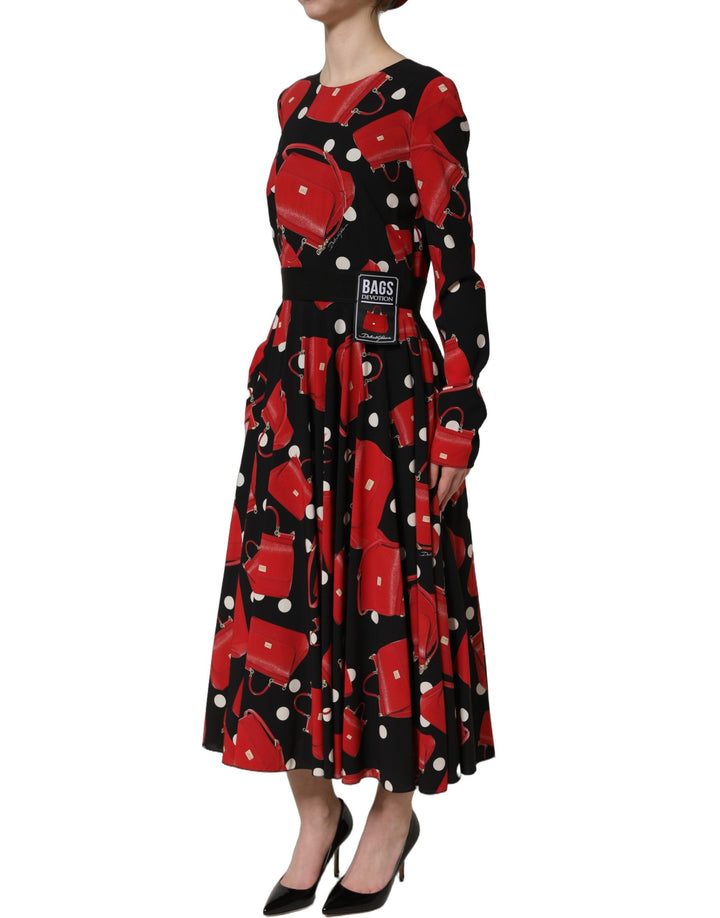 Dolce &amp; Gabbana Black Handbag Print Long Sleeve Midi Dress