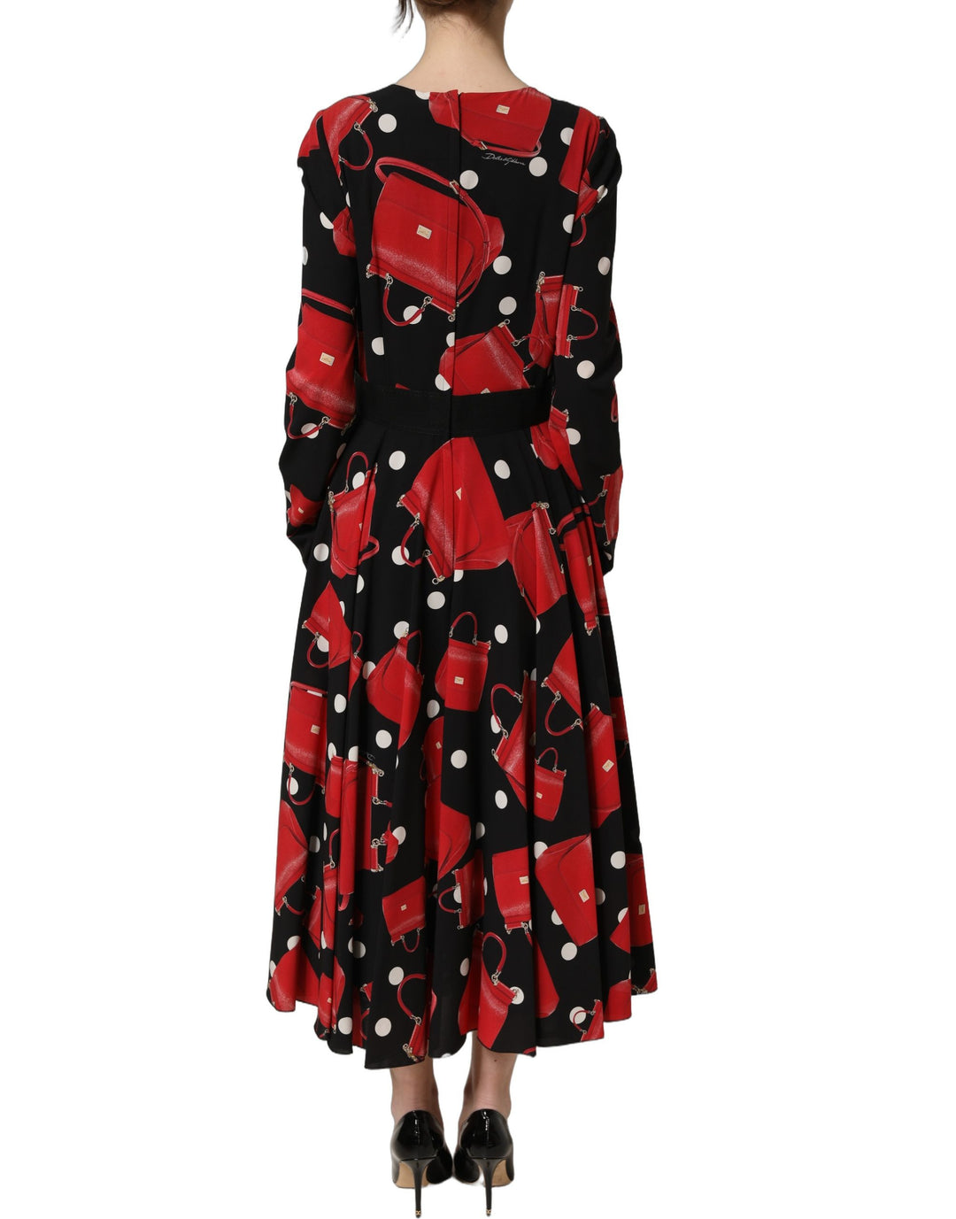 Dolce &amp; Gabbana Black Handbag Print Long Sleeve Midi Dress