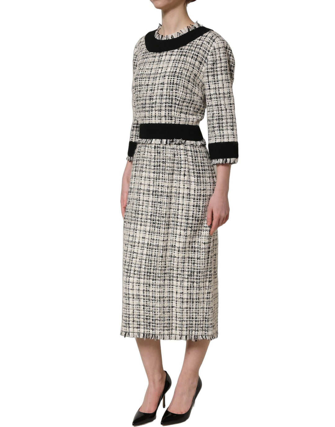 Dolce &amp; Gabbana Multicolor Bouclé Tweed Frayed Trim Midi Dress