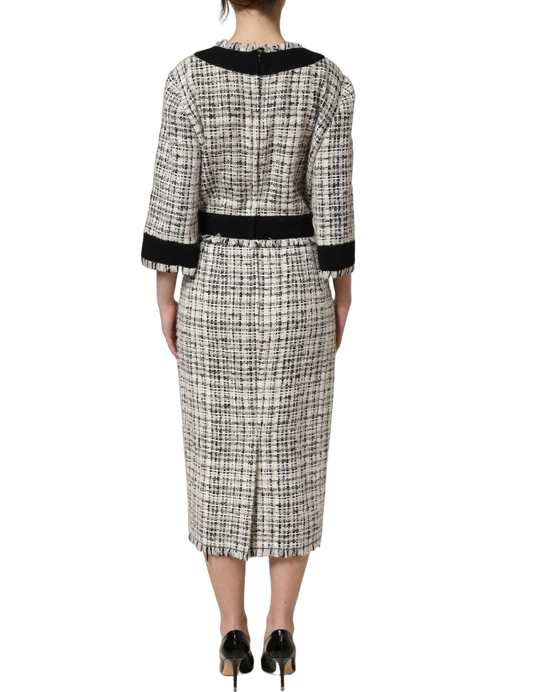 Dolce &amp; Gabbana Multicolor Bouclé Tweed Frayed Trim Midi Dress
