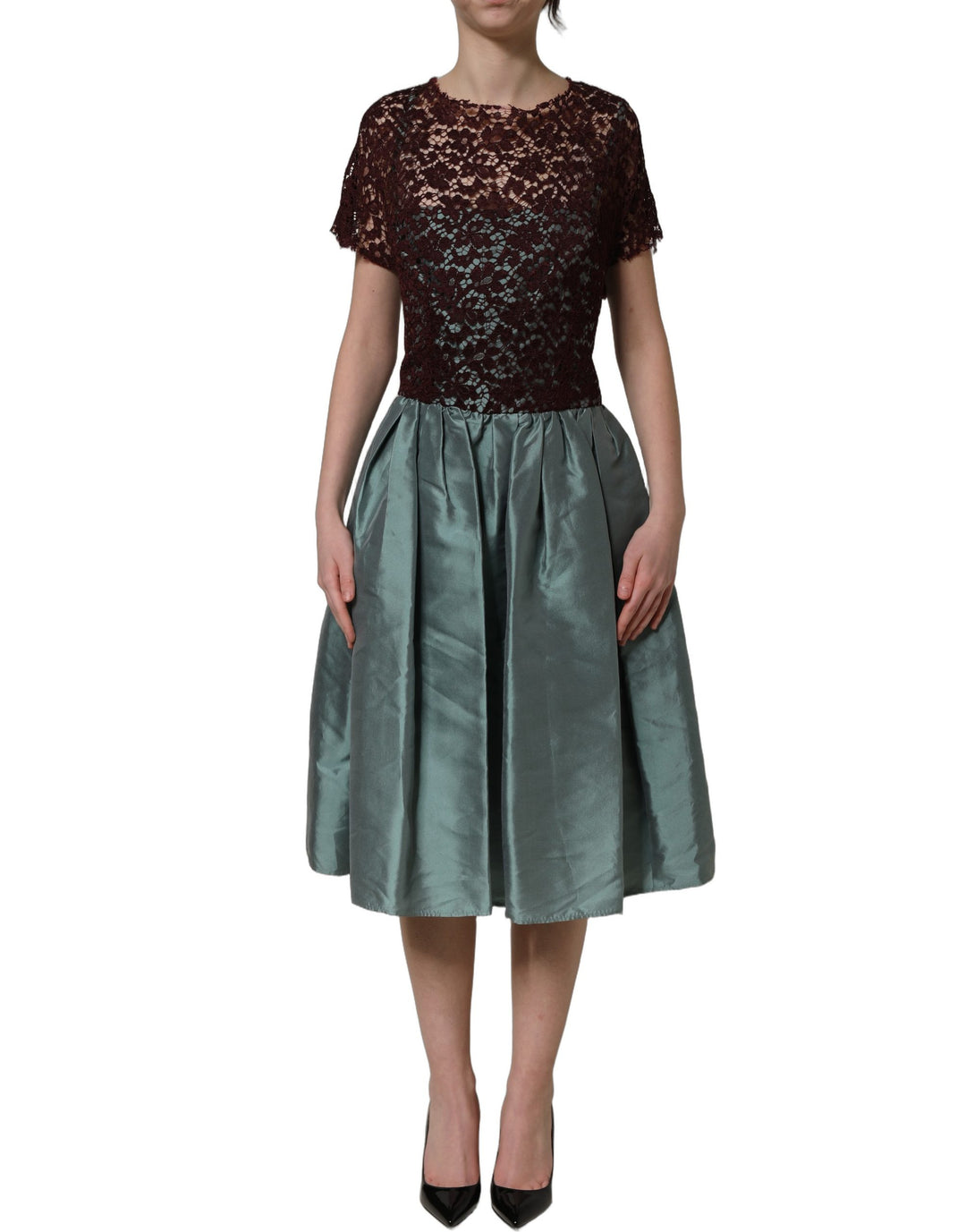 Dolce &amp; Gabbana Multicolor Floral Lace Taffeta Pleated Midi Dress
