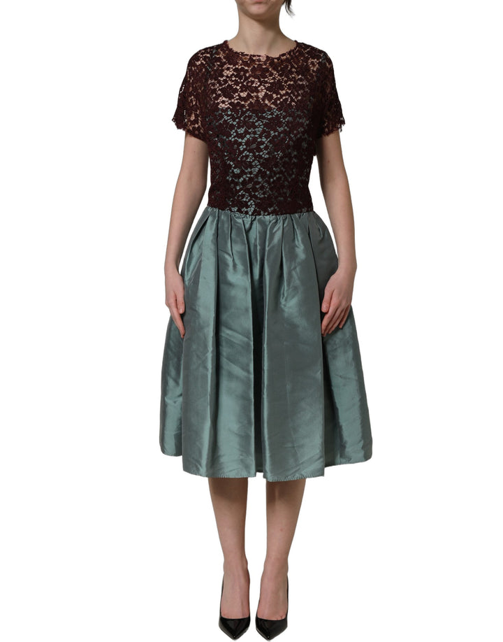 Dolce &amp; Gabbana Multicolor Floral Lace Taffeta Pleated Midi Dress