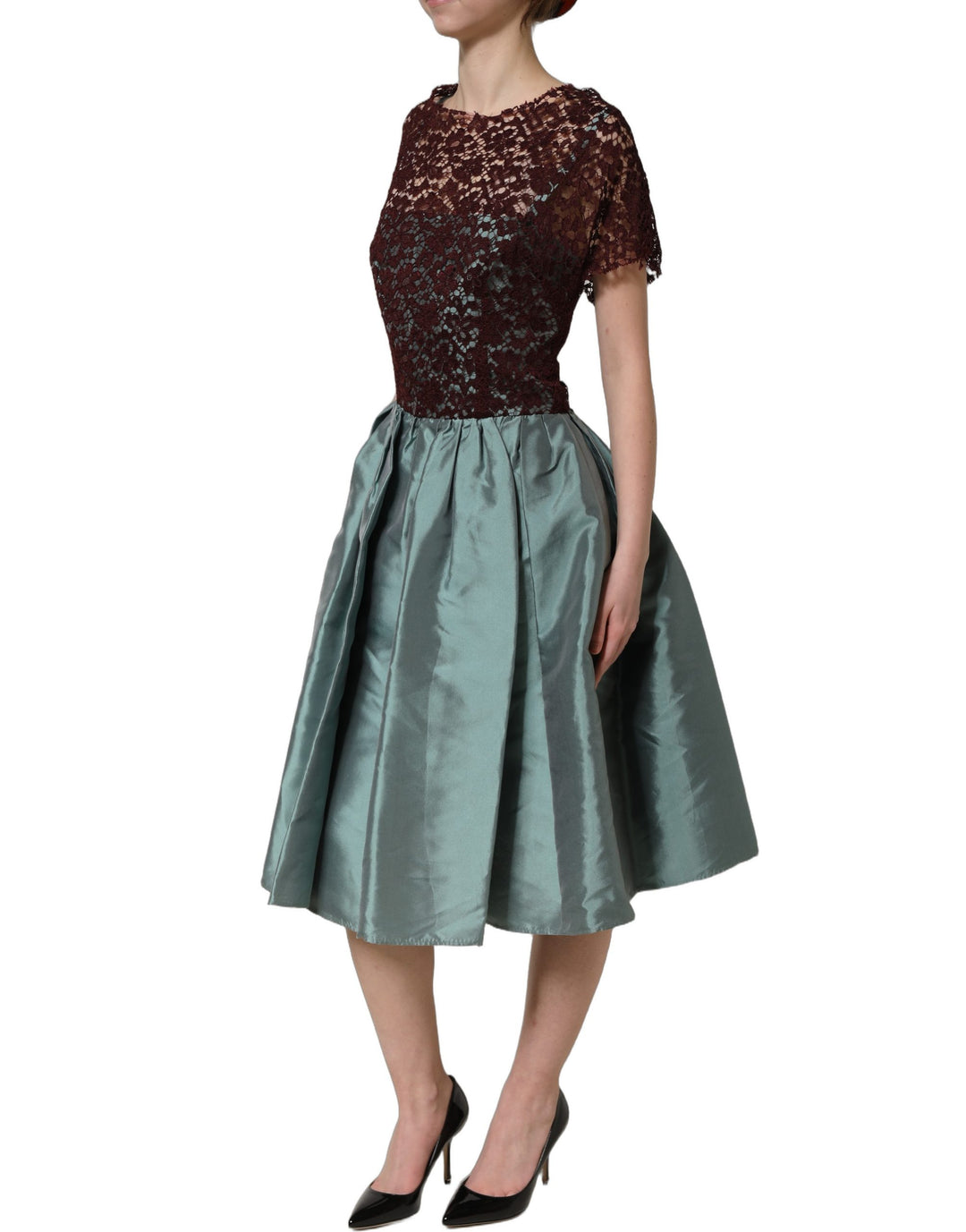 Dolce &amp; Gabbana Multicolor Floral Lace Taffeta Pleated Midi Dress