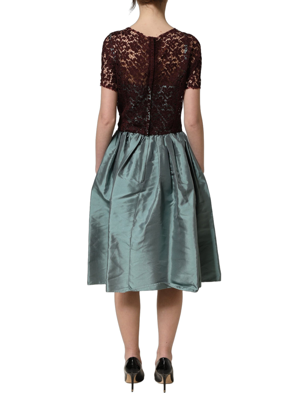 Dolce &amp; Gabbana Multicolor Floral Lace Taffeta Pleated Midi Dress