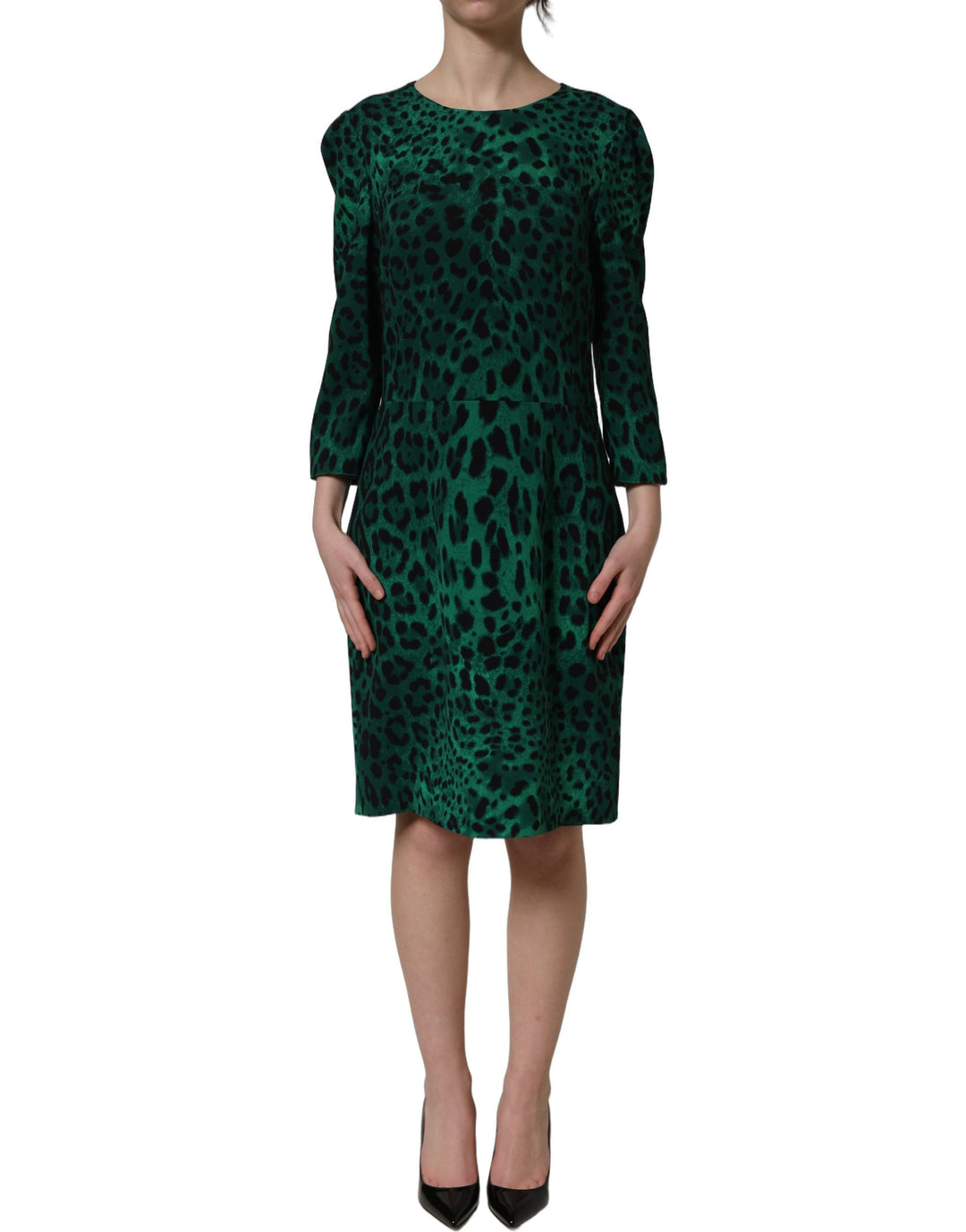 Dolce &amp; Gabbana Green Leopard Print Silk Knee Length Dress