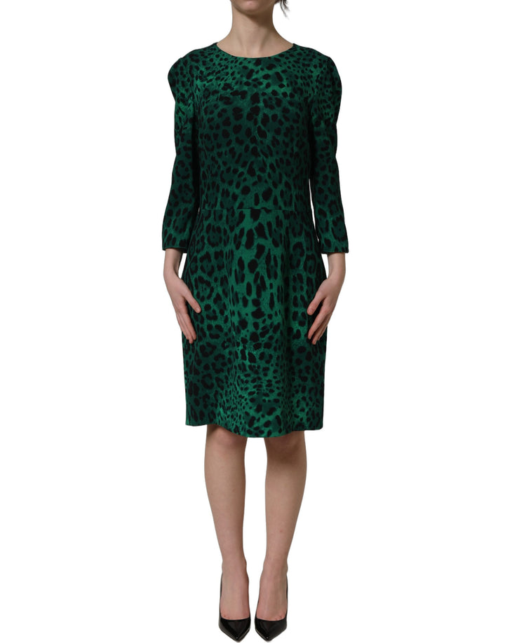 Dolce &amp; Gabbana Green Leopard Print Silk Knee Length Dress