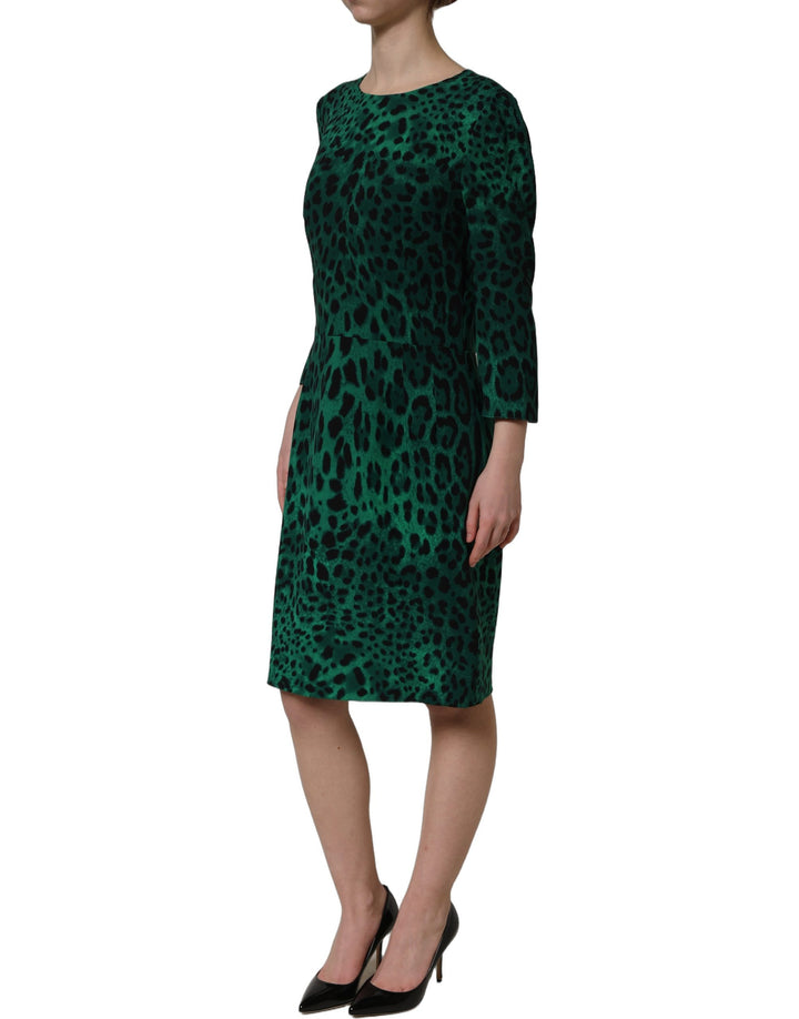 Dolce &amp; Gabbana Green Leopard Print Silk Knee Length Dress