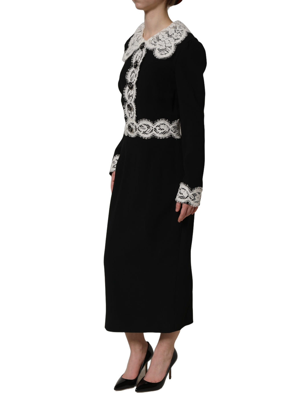 Dolce &amp; Gabbana Black Lace Detailing Long Sleeves Midi Dress