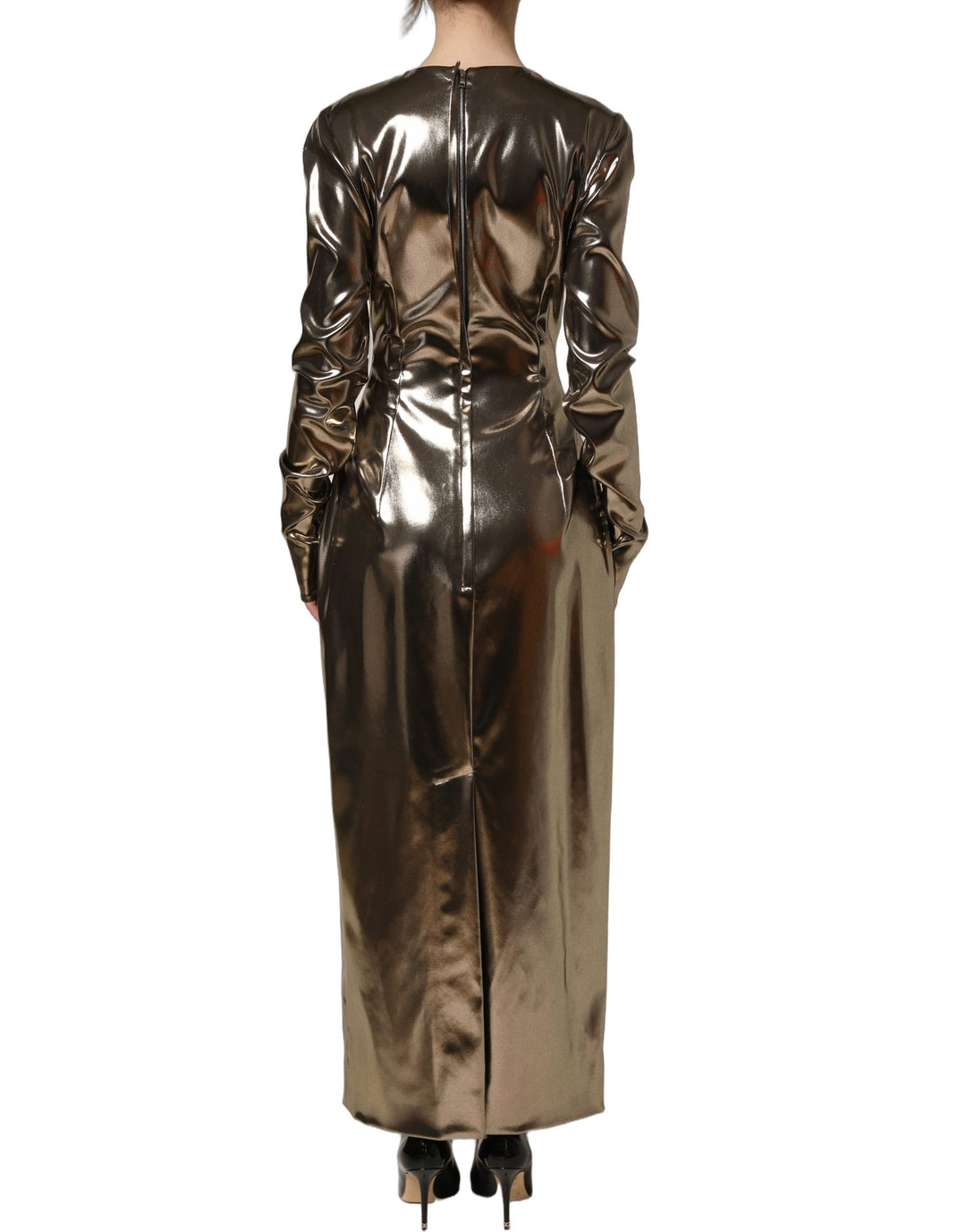 Dolce &amp; Gabbana Metallic Gold Polyester LongSleeve Maxi Dress