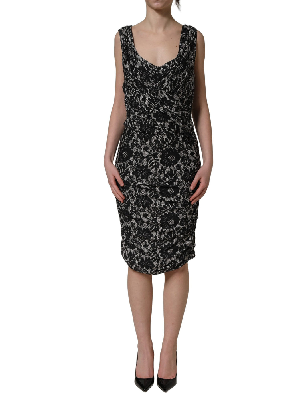 Dolce &amp; Gabbana Black White Floral Lace Sleeveless Midi Dress