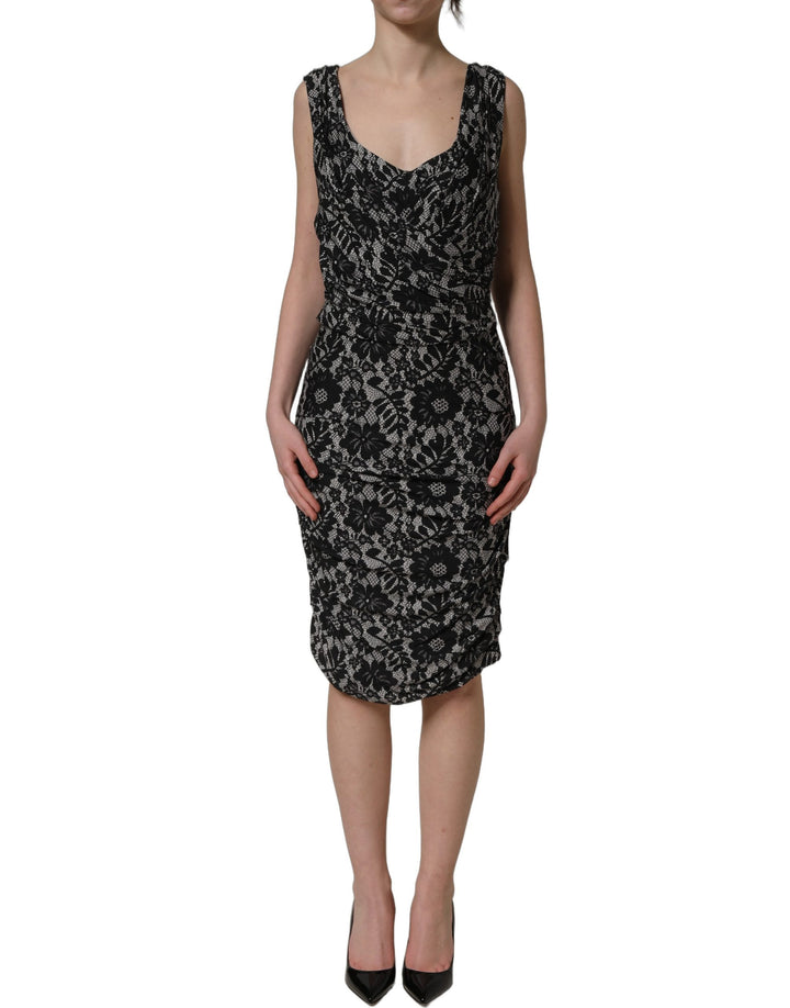Dolce &amp; Gabbana Black White Floral Lace Sleeveless Midi Dress