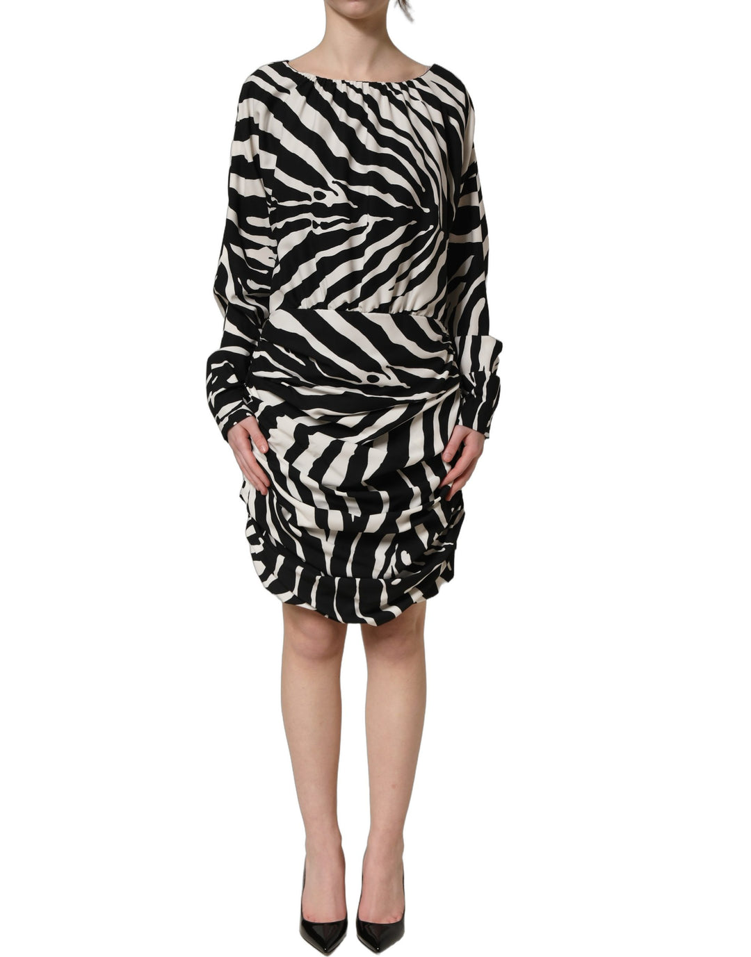 Dolce &amp; Gabbana Black White Zebra Ruched Silk Mini Dress