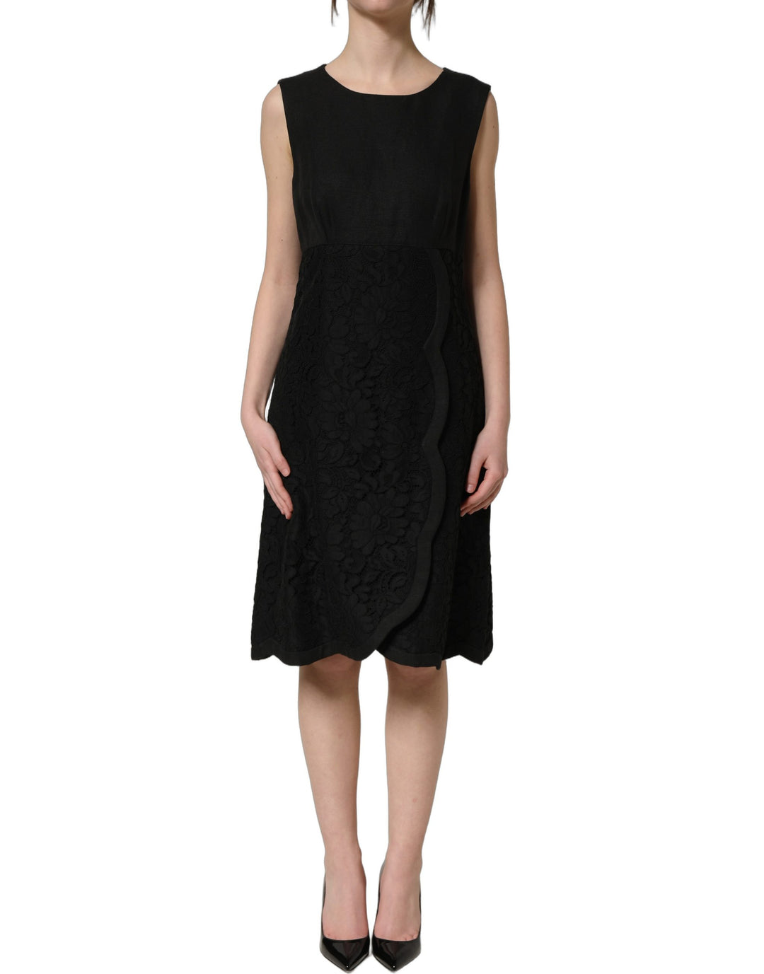 Dolce &amp; Gabbana Black Floral Lace Sleeveless Shift Dress