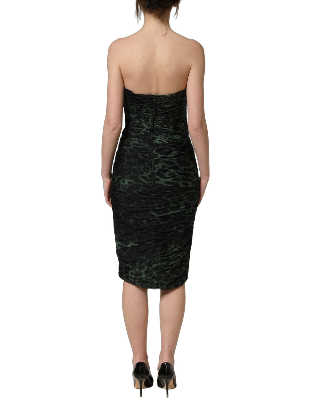 Dolce &amp; Gabbana Green Leopard Print Bustier Draped Midi Dress