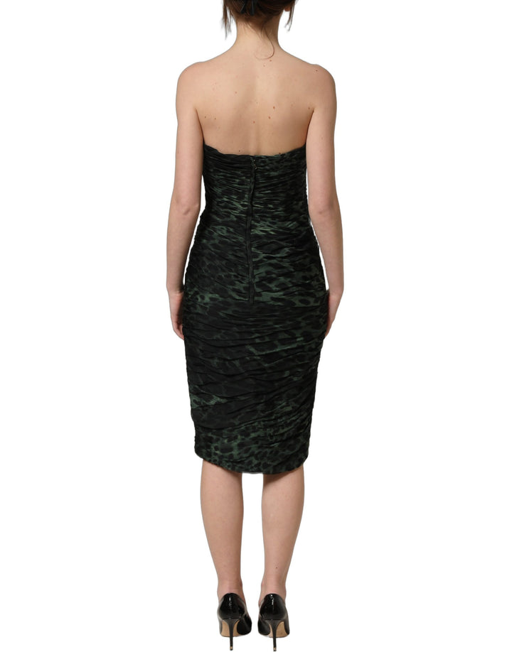 Dolce &amp; Gabbana Green Leopard Print Bustier Draped Midi Dress