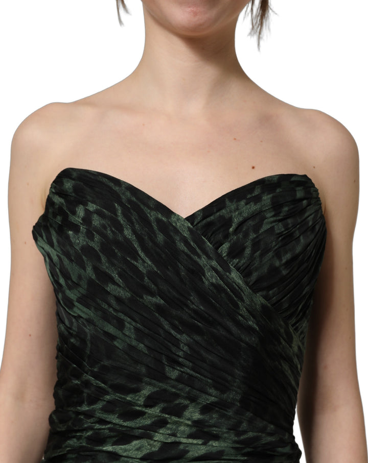 Dolce &amp; Gabbana Green Leopard Print Bustier Draped Midi Dress