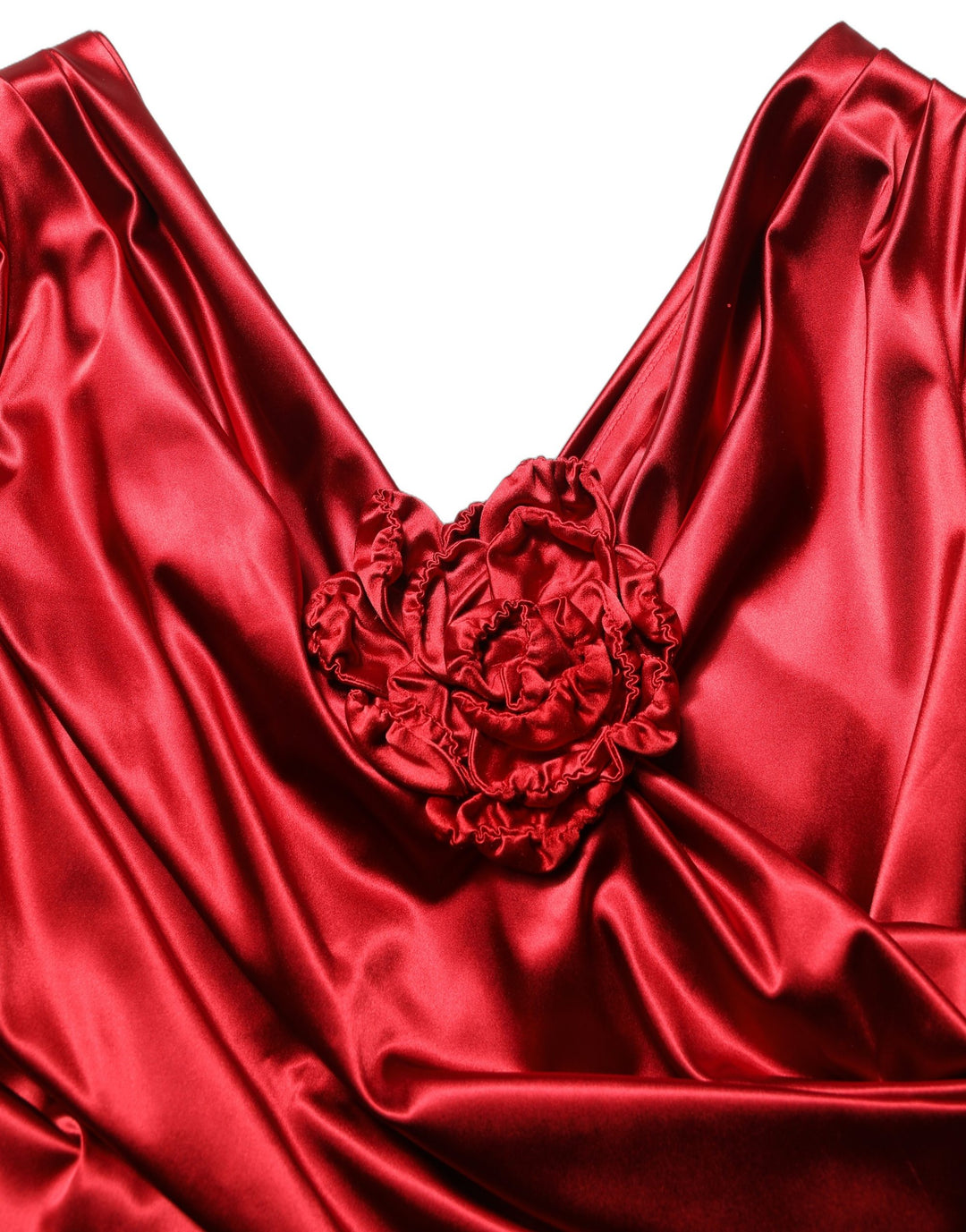 Dolce &amp; Gabbana Red Silk Satin Draped Midi Floral Applique Dress